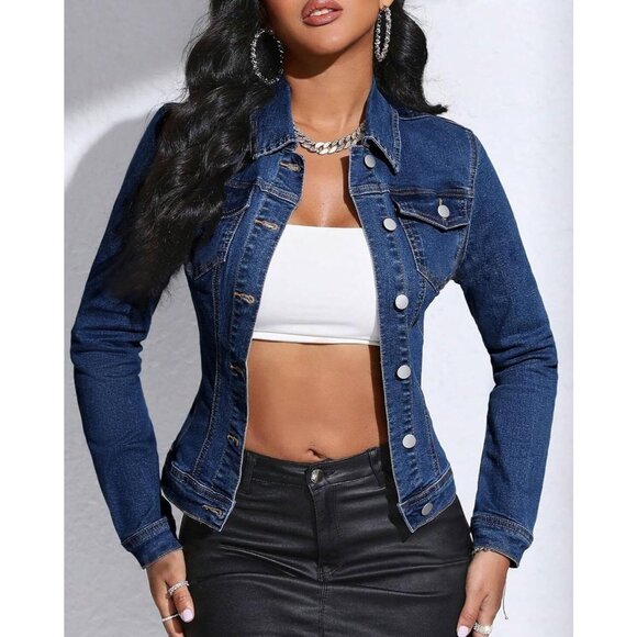 Women's Cropped Denim Jacket Lapel Button Down Long Sleeve Jean Jacket Dark Blue - Picture 4 of 6